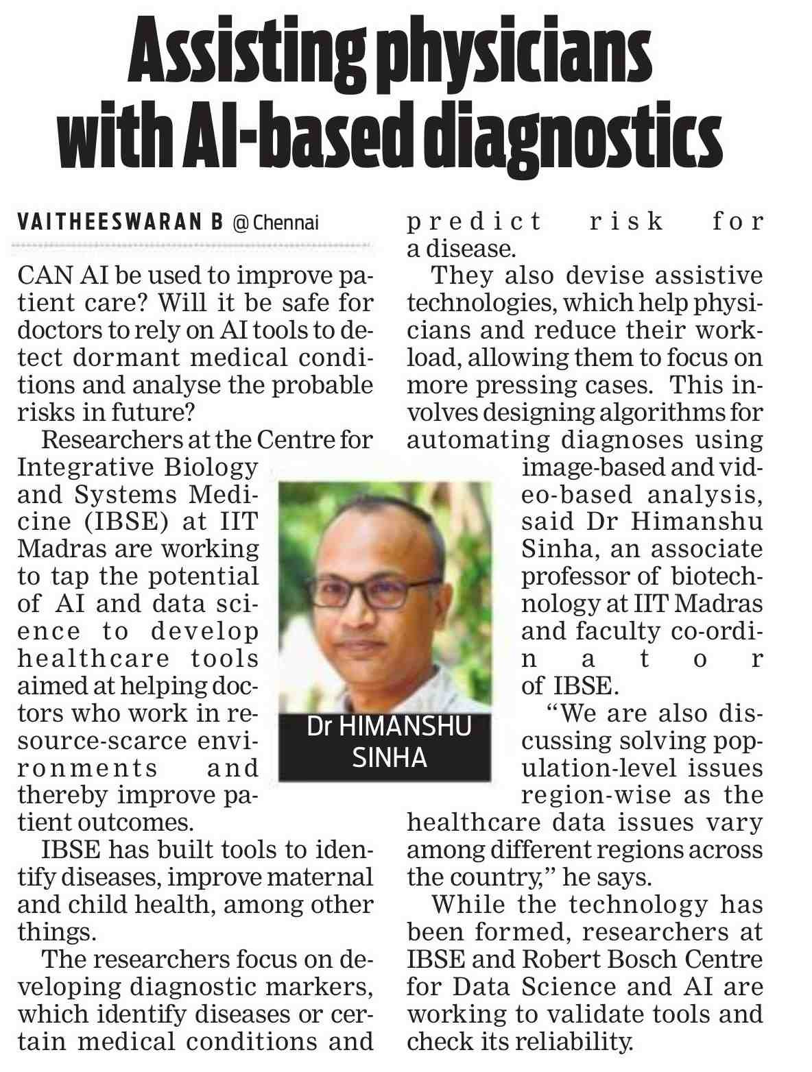 IITM researchers led by Prof Himanshu Sinha develop AI based diagnostics tools for helping physicians